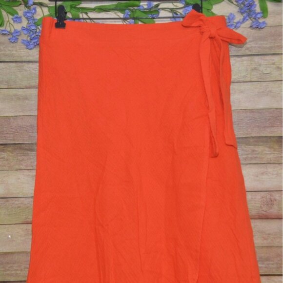 Mud Pie Ladies Red Orange Pull On Midi Skirt Size L Gauzy Cotton Faux Wrap - Picture 3 of 9